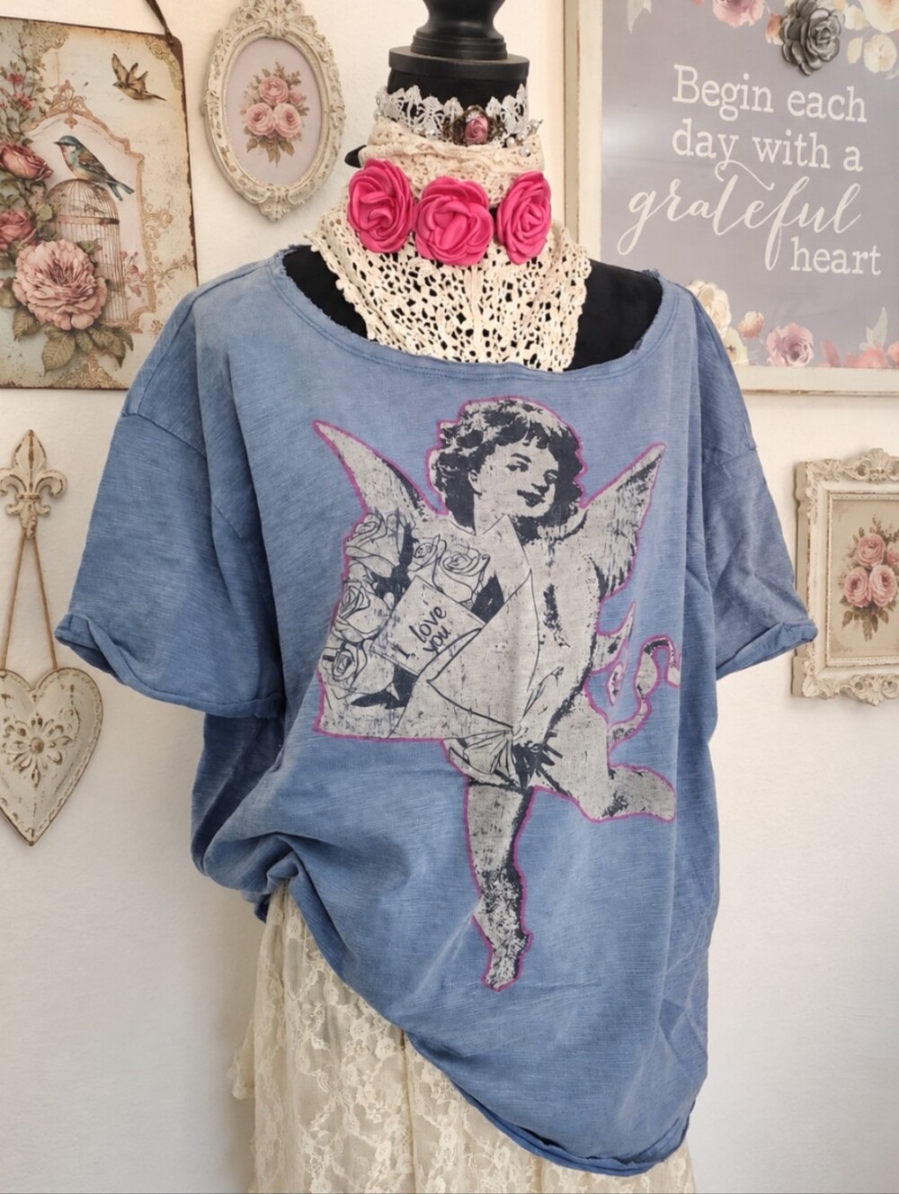 Magnolia Look Off Shoulder Light blue Free Style Cotton Boho Shirt Blouse Top XL